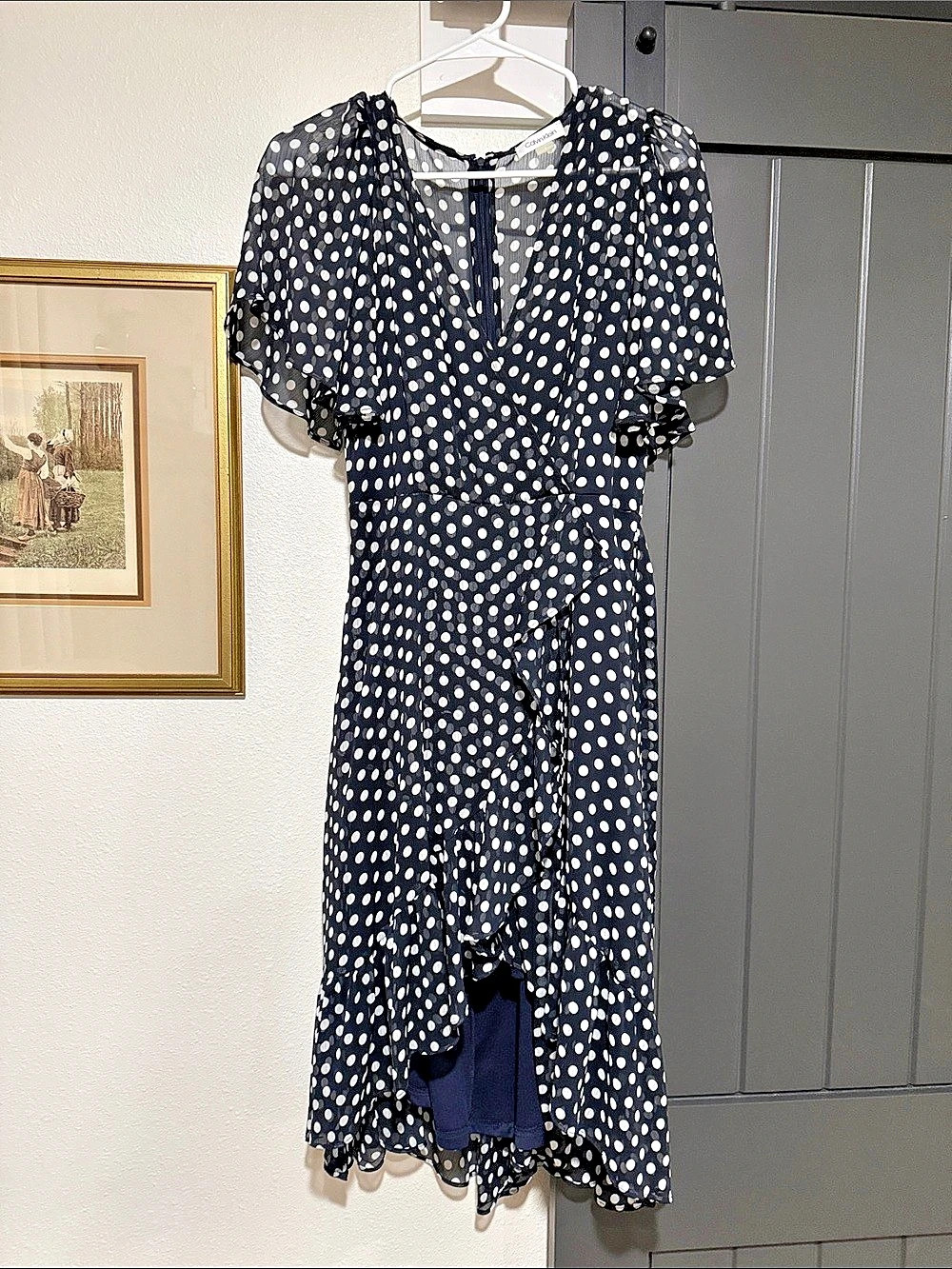 Calvin Klein Polka Dot Flutter Sleeve Ruffle Midi Dress Black & White Medium
